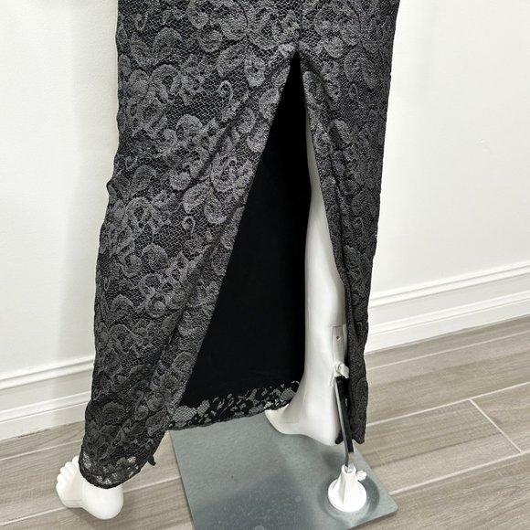 Belle Badgley Mischka Lace Overlay Back Slit Shimmer Maxi Dress Gown Black Sz 4 - Picture 13 of 16